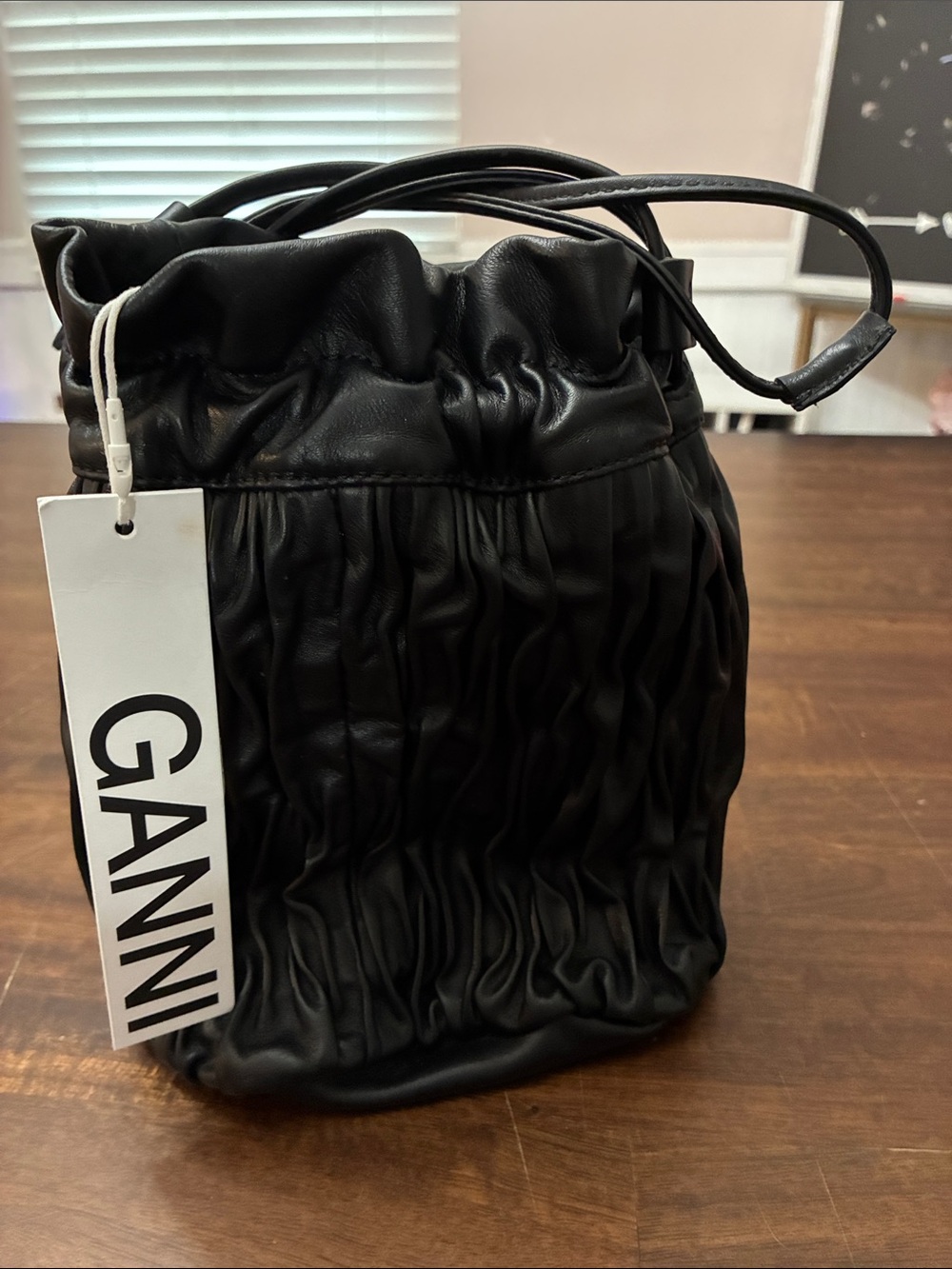 Ganni Black Ruched Leather Drawstring Bag